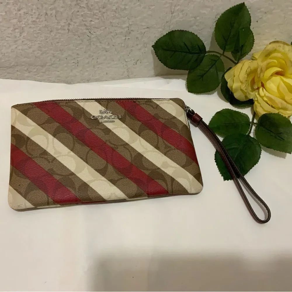 Coach Signature Striped Large Zip Close Wristlet Purse Clutch